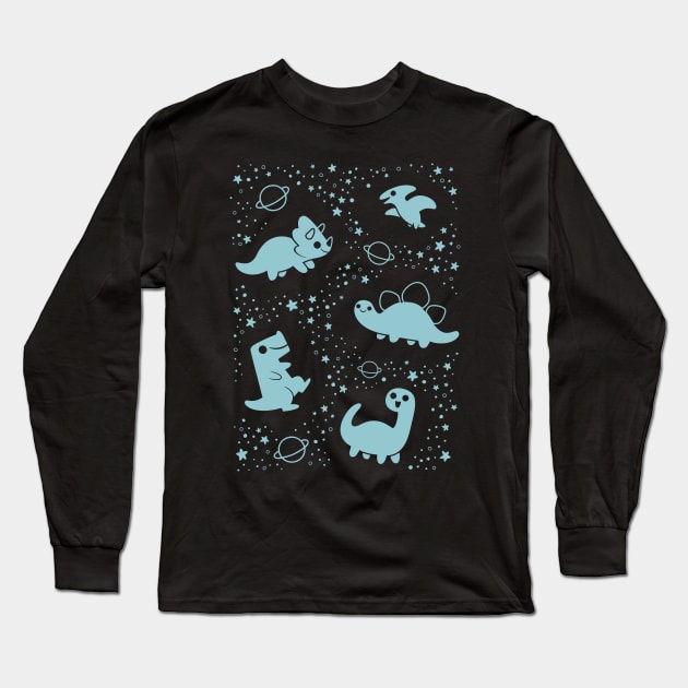 Cute Space Dinosaurs Blue Long Sleeve T-Shirt by KristyKate